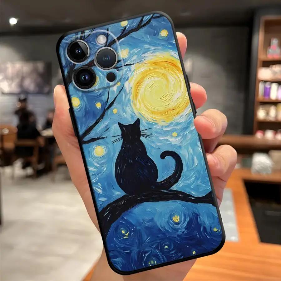 Artistic Starry Sky Cat Phone Case For iPhone 17 16 15 11 12 14 13 Pro Max Mini X XR 7 Plus 16E Shockproof Silicone Cover Fundas