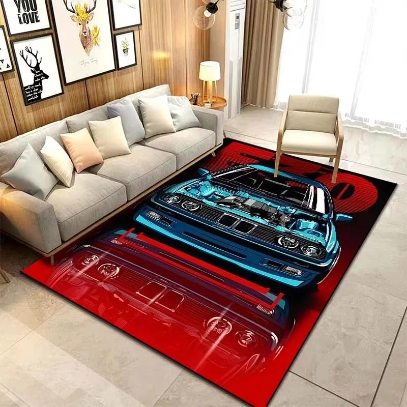 Classic Car Design Area Rug Vintage Style Carpet for Living Room and Bedroom Non-Slip Creative Floor Mat Home Decor Washable