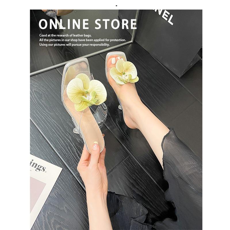 Transparent one-word cool slippers women's spring and summer new square head thick heel high heel sandals lis slipper