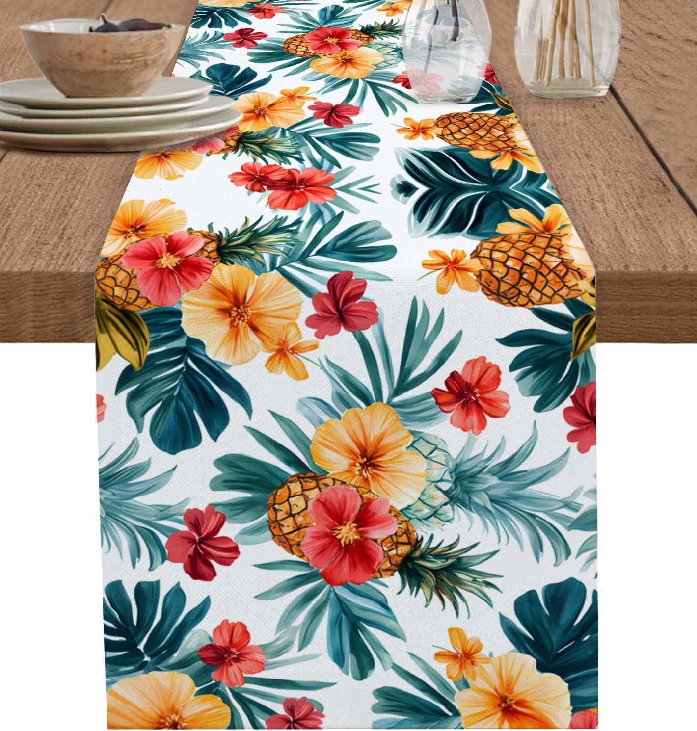 Jingyue Pet Summer Pineapple Flowers Palm Leaf Linen Table Runner Holiday Party Decor Tropical Plants Rectangle Table Cloths Home Decoration