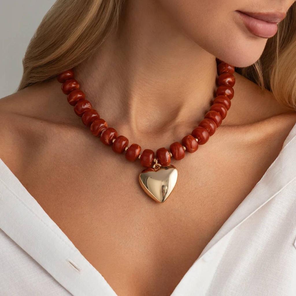Salircon Y2K Boho Colorful Resin Beaded Choker Necklace for Women Stylish Gold Color Love Heart Pendant Neck Accessories Jewelry