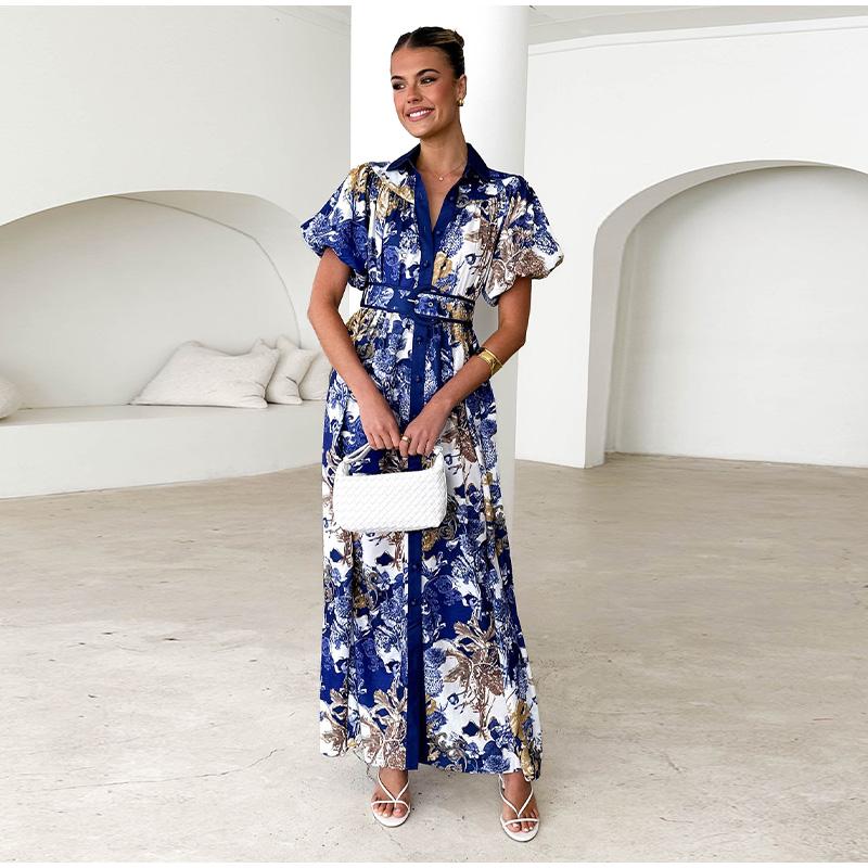 

Блузка с воротником-стойкой и оборками, Трехмерная юбка с высокой талией, Костюм с юбкой, Женское платье с принтом и большой юбкой, Праздничный стиль XL темно-синий