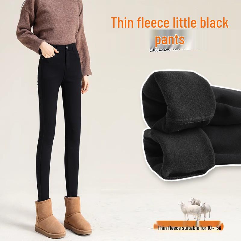 Damen Winter Fleecegefütterte Schwarze Leggings - Dicke Lammfleece Baumwolle, Slim Fit, Herbst/Winter 2025 Stil