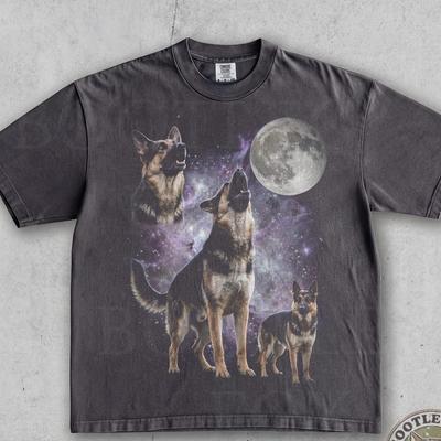German Shepherd Howling Moon 90s Washed Comfort Colors® Graphic T-Shirt, Retro Galaxy GSD Dog Tee, Dog Mom Pet Owner Lover Gift Shirt
