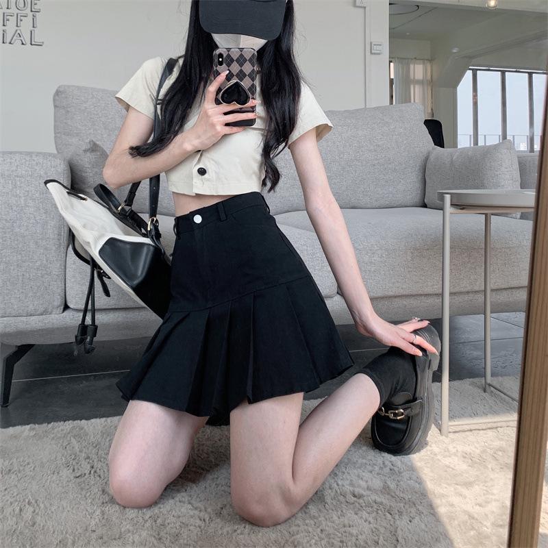 High-Waist Black Pleated A-Line Skirt for Women, Summer 2024 - Anti-Exposure & Slimming Design