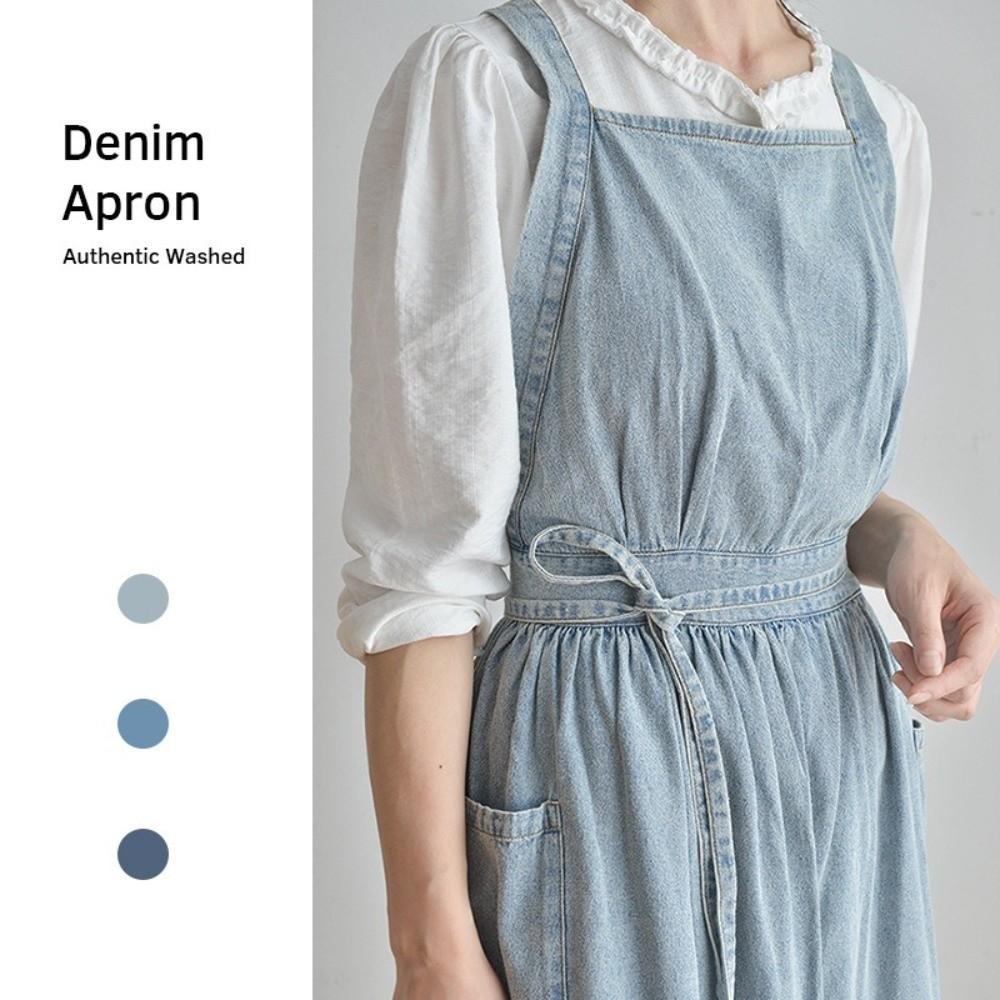 Cotton Vintage Denim Apron Stain-Resistant Cooking Apron Portable Cross Back Apron  Grilling