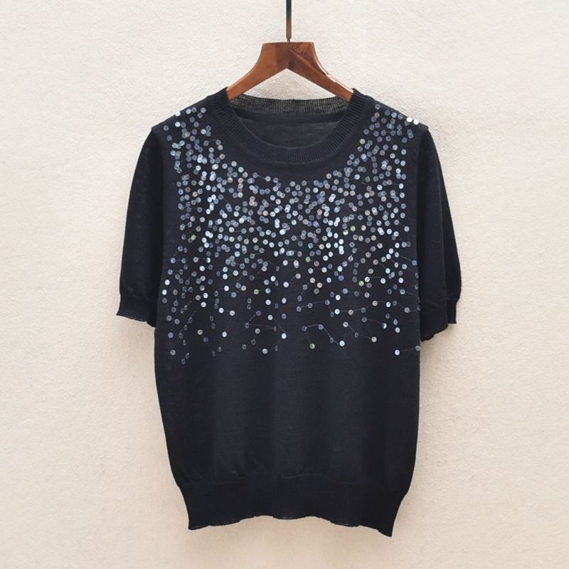 

Summer Thin Solid Plus size women clothing Pullover round Neck Short sleeve Sequins Top Versatile Knit Black Bust size 100cm