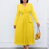 D419 Women's V-Neck Long-Sleeve Tie-Up Solid Color Slim Pleated Plus-Size Dress