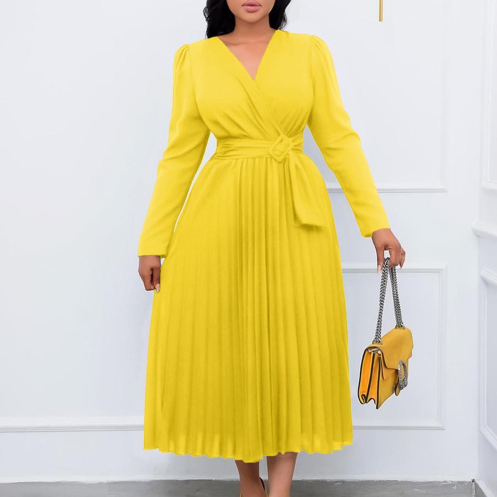 D419 Women's V-Neck Long-Sleeve Tie-Up Solid Color Slim Pleated Plus-Size Dress
