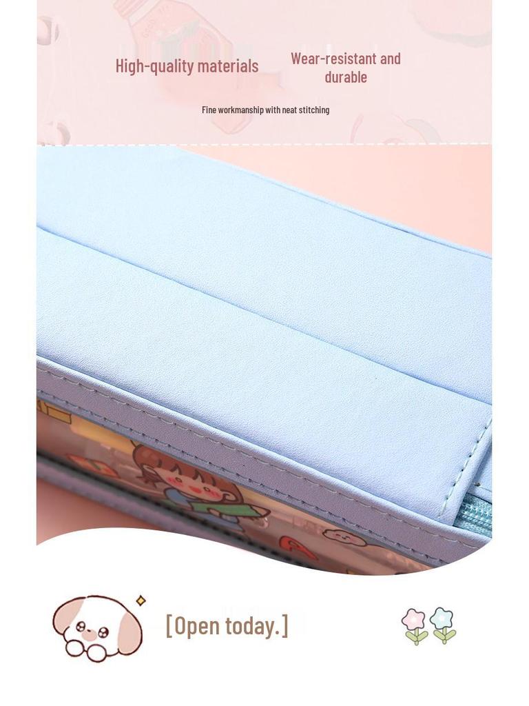 Large Capacity Transparent Cartoon Pencil Case for Girls with Double-Layer Design, Ideal for Elementary School Students