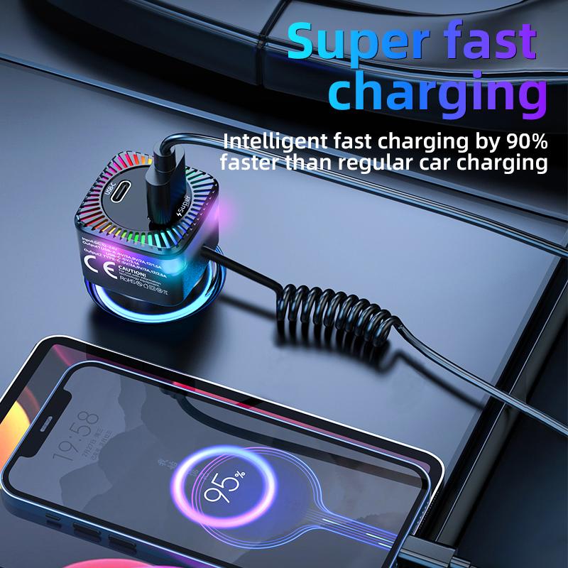 K14 USB + Type-C PD 30W Phone Fast Charging Adapter Car Charger with Spring Type-C Cable