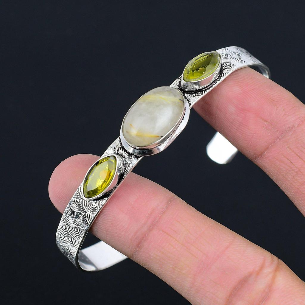 Natural Golden Rutile Gemstone 925 Sterling Silver Bangle Adjustable For Women