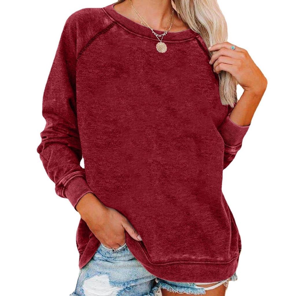 Autumn Winter Women's Vintage Loose Sweatirt Pure Color Casual Comfortable T Shirt
