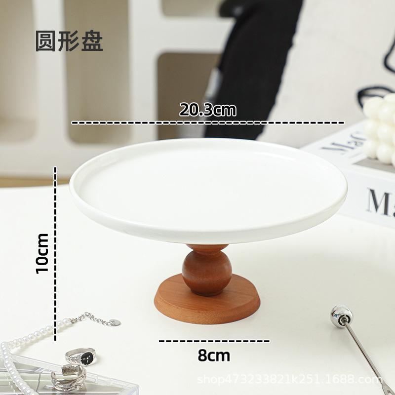 Wooden High-legged Ceramic Plate Cake Tray Afternoon Tea Fruit Plate for The Living Room Storage Container Kitchen Organizer