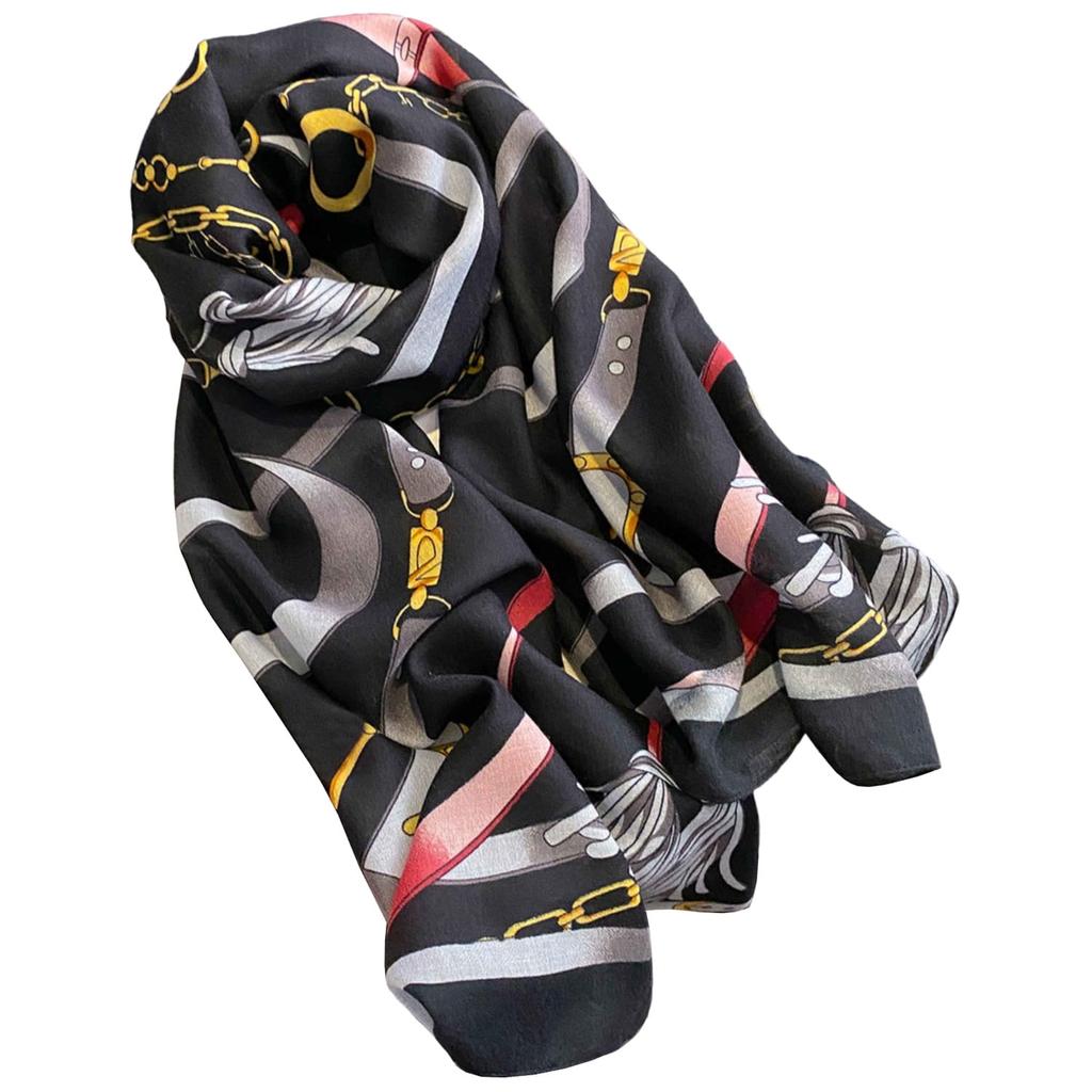 Viscose Scarf 180X85 "Equestrian Black" - Black with Harness and Strap Pattern
