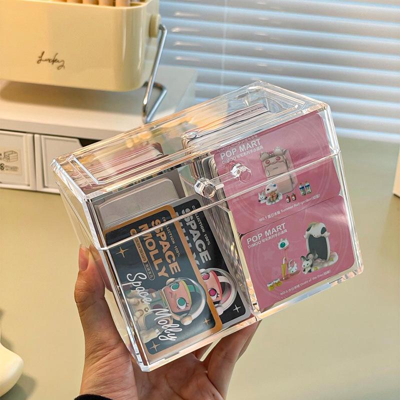 Acrylic Transparent Card Storage Box with Compartments for Pop Mart and Self-Printed Cards - Flip Cover Organizer.