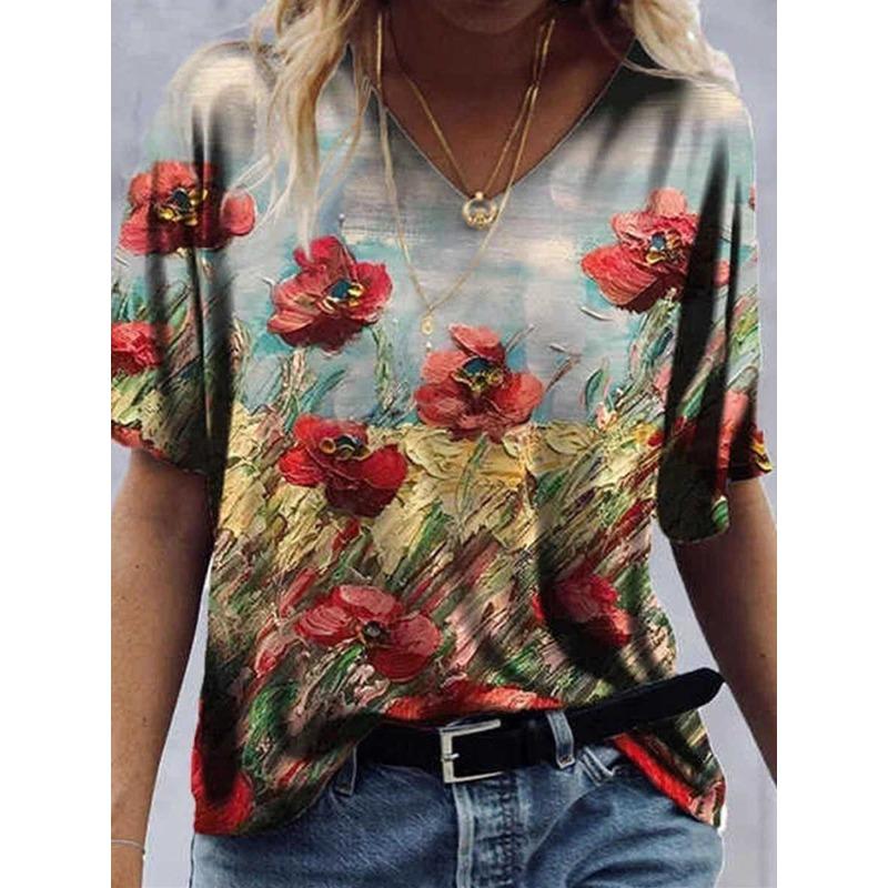 Sommer Graffiti Blume 3D-gedrucktes Kurzarm Damen V-Ausschnitt Buntes Lässiges Vielseitiges T-Shirt