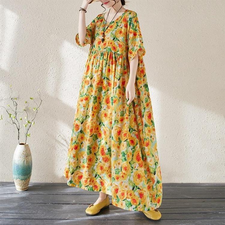 Vintage Floral Summer Casual Dress for Women Plus Size Loose Long Cotton Short Sleeve New In