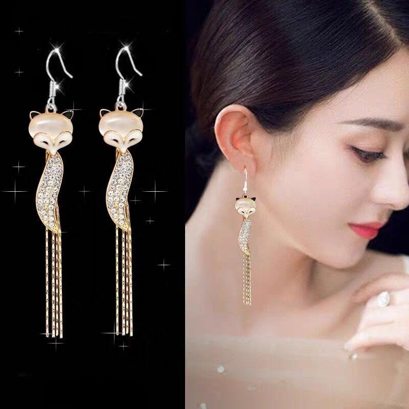 

1 шт. Персонализированные серьги с бахромой в корейском стиле, животное лисичка, женские длинные темпераментные модные серьги, серьги золотой