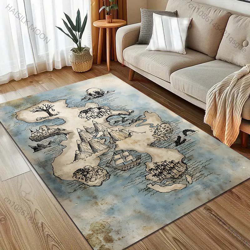 Island Treasure Map Print Carpet for Bedroom Living Room Bedside Sofa Floor Mat Modern Home Decor Area Rug Large Size