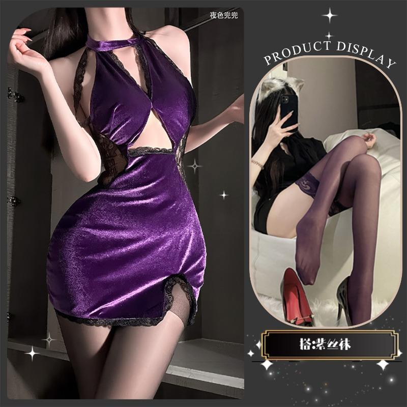 Sexy underwear sexy hot lace splicing velvet temperament gathering and thin purple classical neck cheongsam