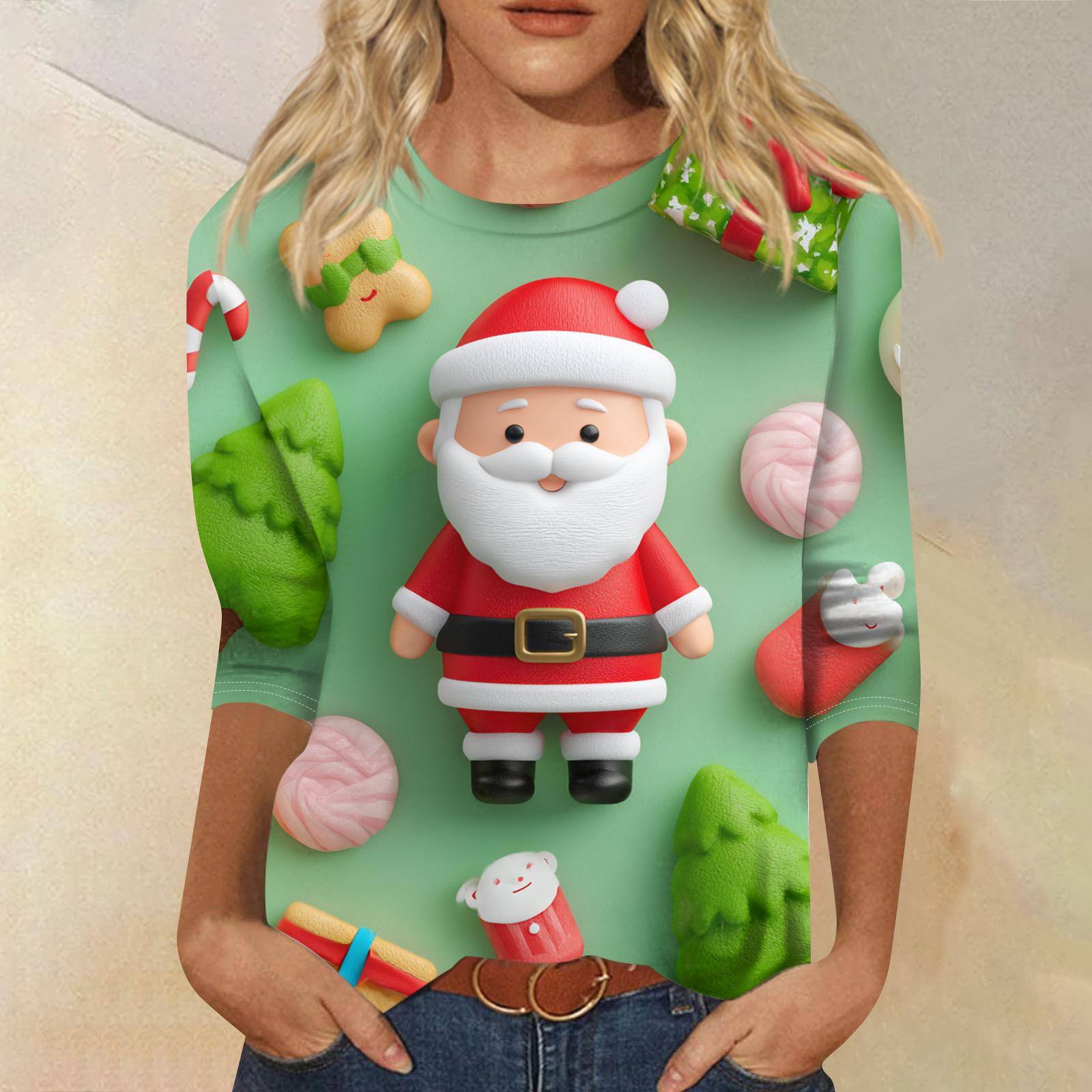 

Женская модная повседневная футболка с круглым вырезом и рукавом три четверти с рождественским принтом XXXL зелёный