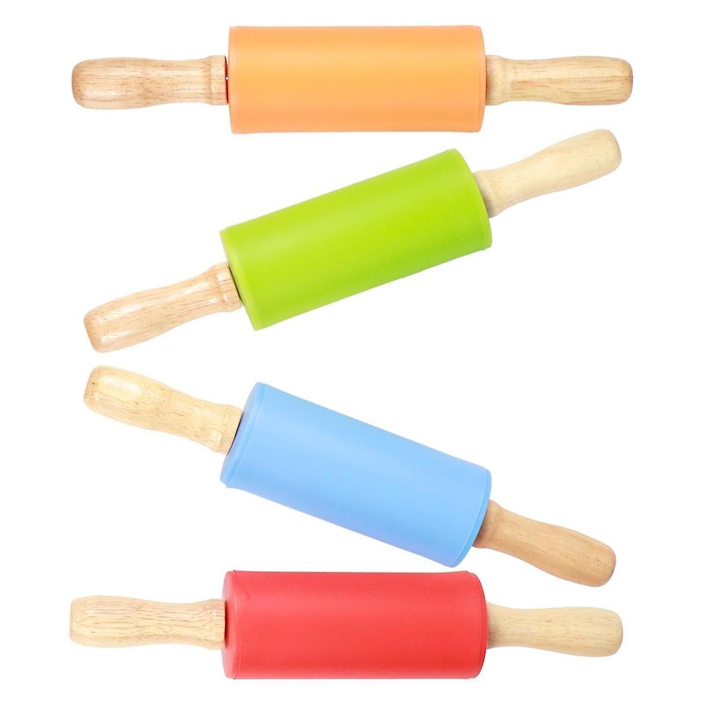 4PCS Mini Rolling Pin, Kids Rolling Pins Wooden Handle Non-Stick Silicone Rolling Pins Pastry Brushes Dough Roller for Baking Pizza Cookie Pastry