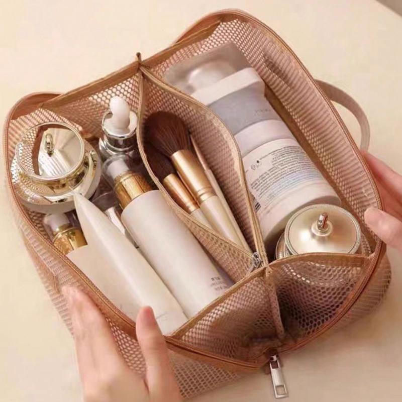 Large Capacity Nylon Mesh Makeup Bag, Breathable Multi-Layer Cosmetic Organizer Fashion Travel Wash Bag Compartments For Toiletries And Makeup Tools