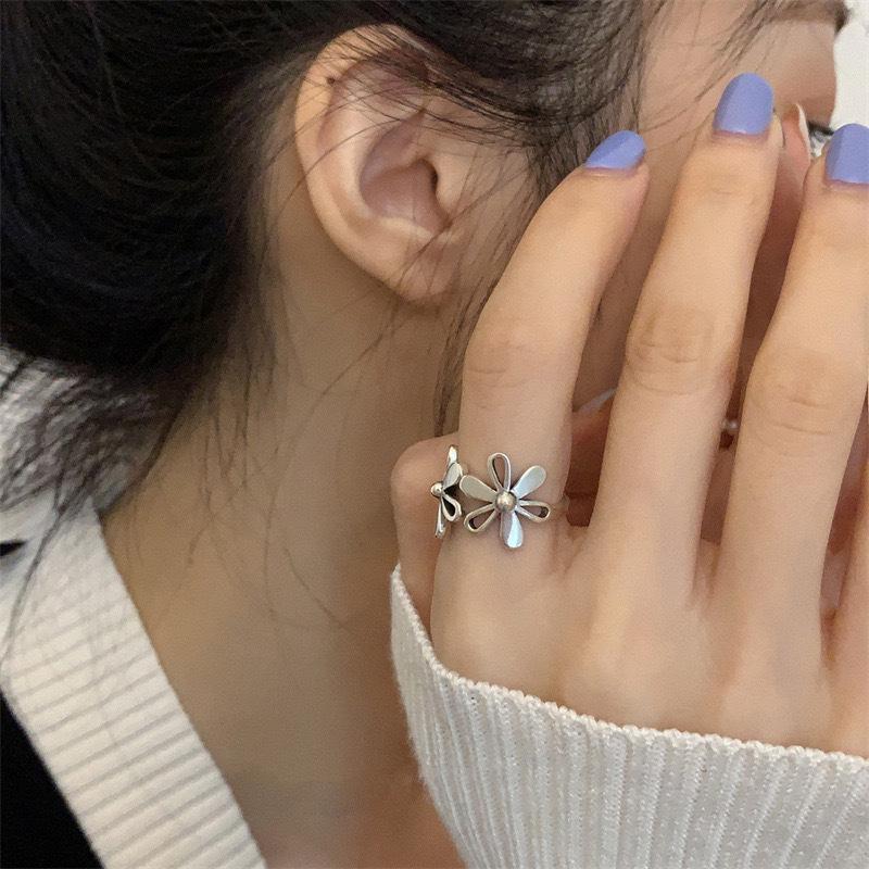 S925 Sterling Silver Retro Flower Adjustable Ring - Sweet, Unique Design Open Adjustable