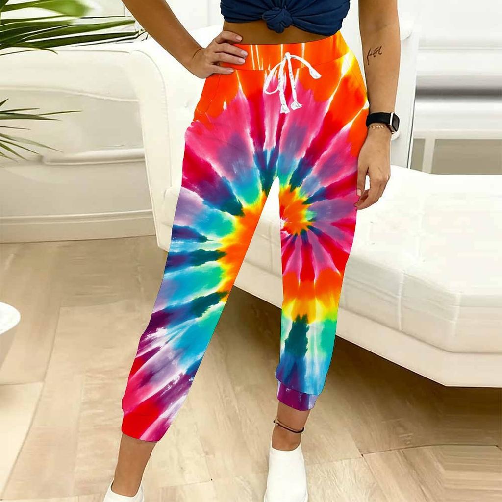Sommer Damen Spiral Tie-Dye Print Jogginghose Lockerer Schnitt Kordelzug Jogger Elastischer Bund Tägliche Freizeit Hose