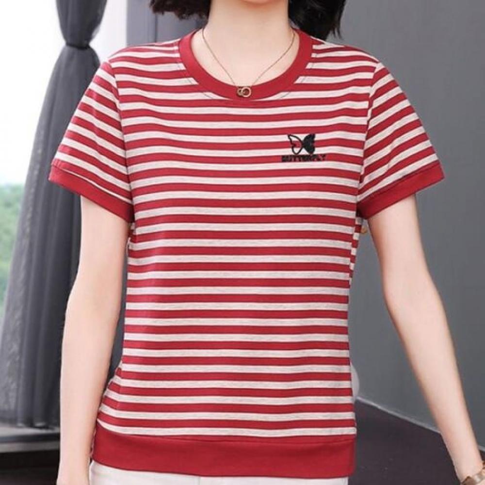 Navava NT2379 BuTTerfly Embroidery PoinT STripe ShorT Sleeve T shirT