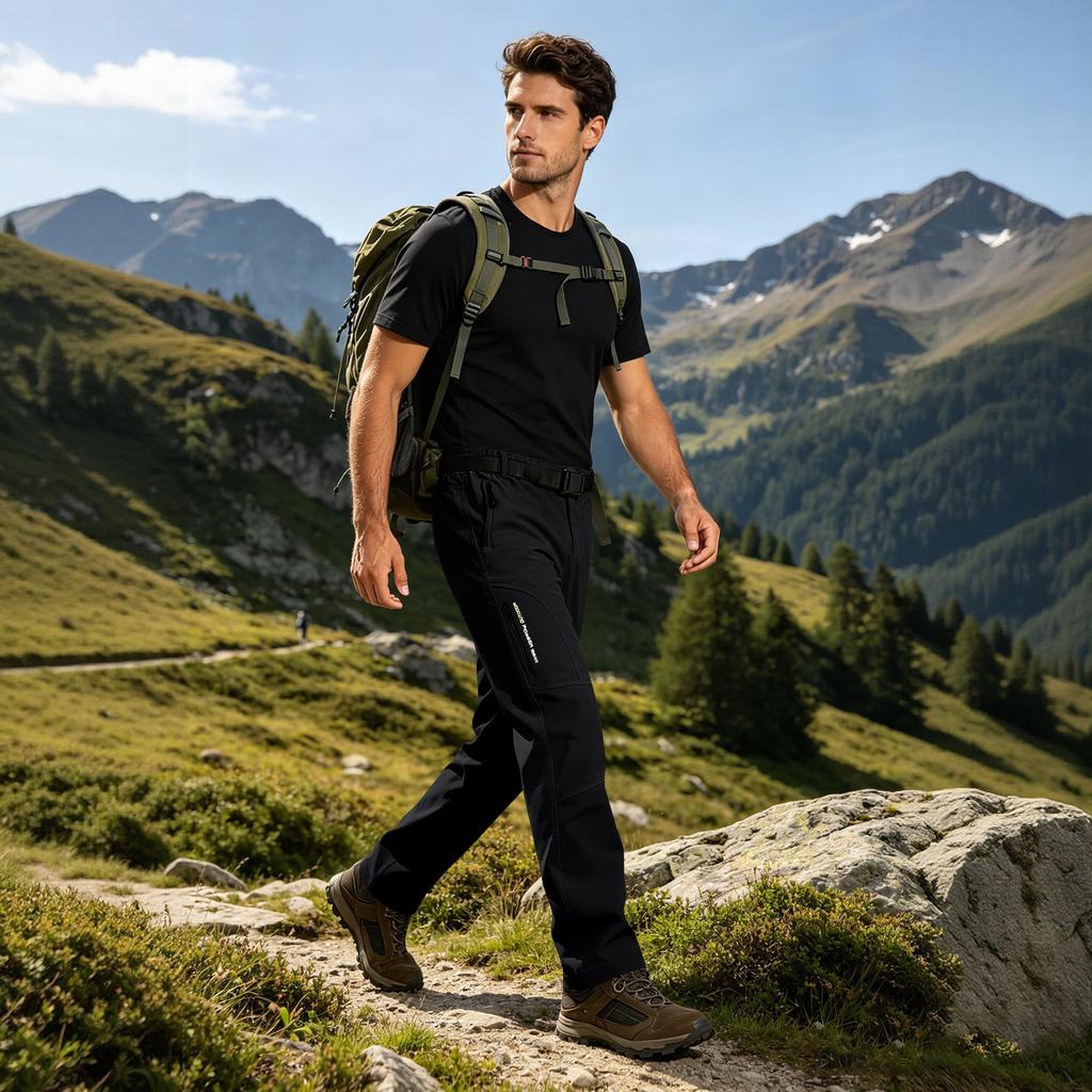 Men's Outdoor Hiking Windproof Breathable Quick Dry Waterproof Softshell Pants with Adjustable Belt for Trekking and Climbing