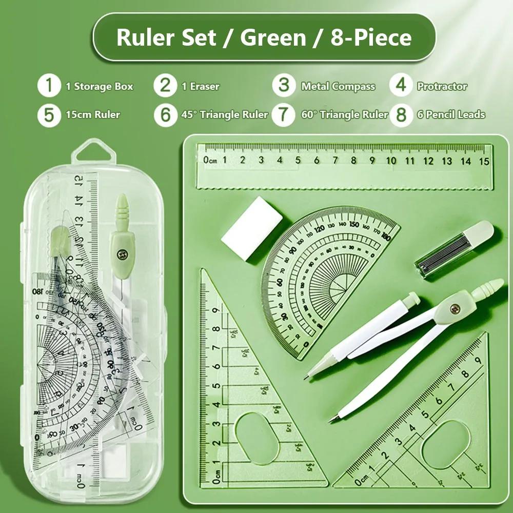 Portable 8PCS/Set Plastic Ruler Compasses Set Transparent Eraser Protractor Set Square Straight Ruler Measuring Ruler Students