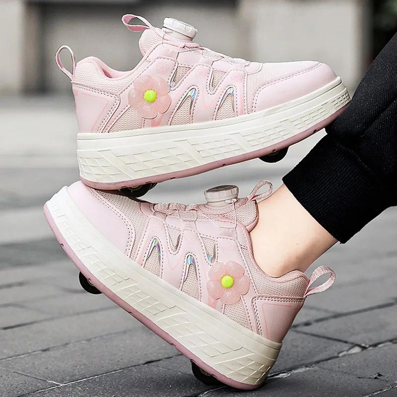 2-in-1 Speed Roller Skates Shoes Sneakers Unisex Retractable Wheels Outdoor Fun Fitness Kick Racing Roller Shoes Holiday Gifts