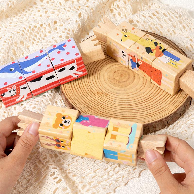 Wooden Rattle Montessori Toy Hand Puzzle Hand-on Develop Ability Toy Children Christmas Animal Rotating Puzzle Educational Toy