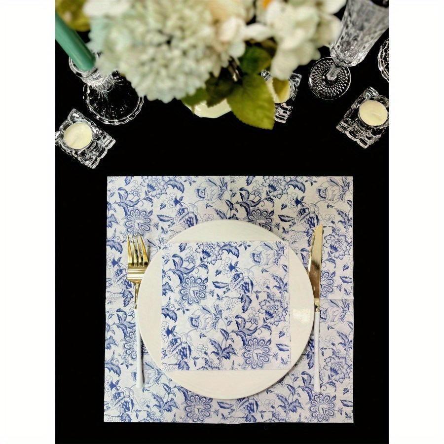 20pcs/Set Disposable Retro Blue Flower Printed Decoupage Napkins 13x13inch, Suitable for Weddings, Birthdays, Holidays