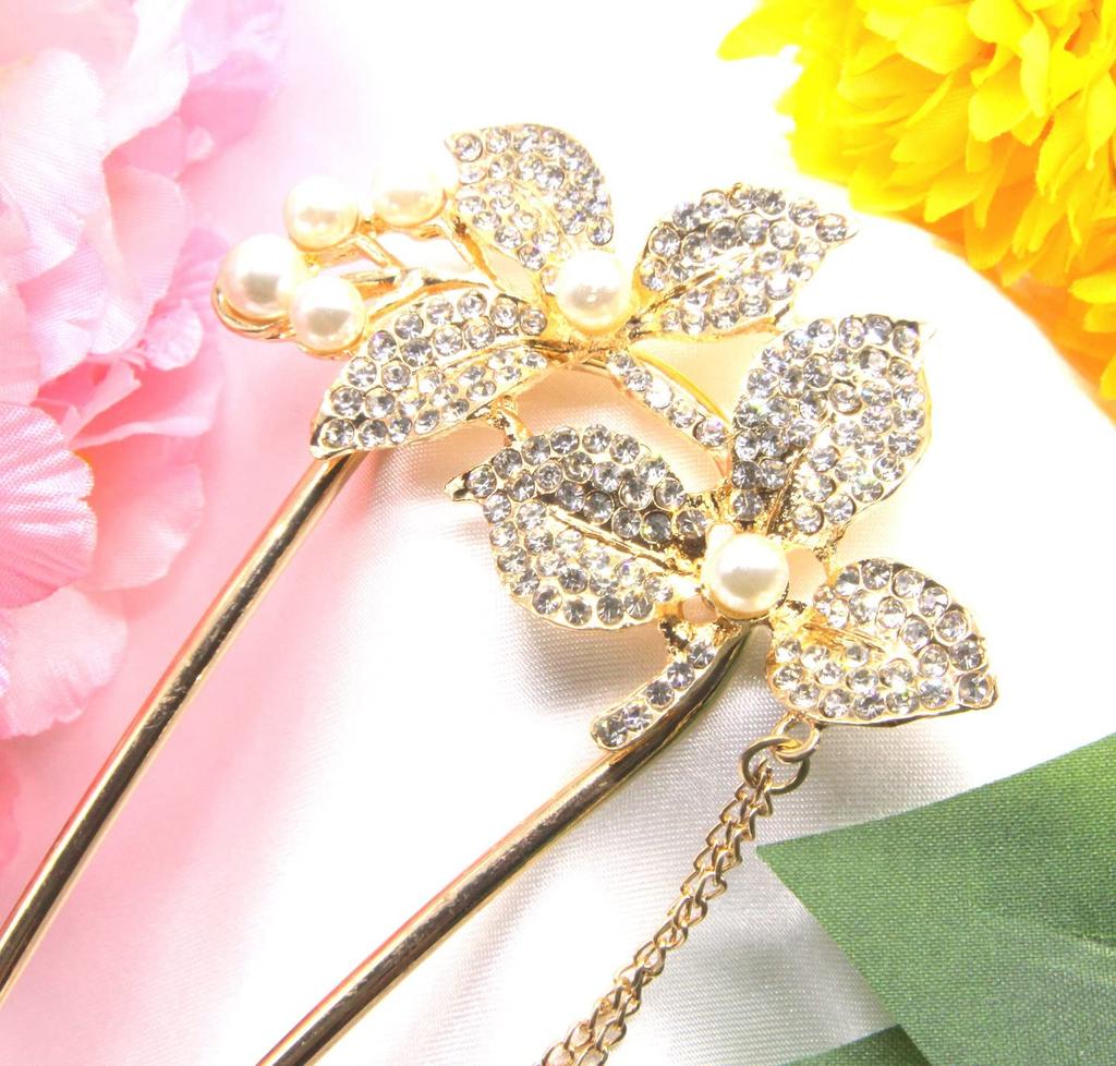 Miaomyao Hair Kanzashi Hair Ornament for and Pearl Metal with Antique Lemon Leaf Design Ornament, U-Shaped Kimono, Yukata, Tomesode, (Pink Gold)