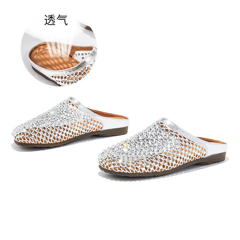 Baotou Slippers Women's 2025 Summer New Rhinestone Breathable Mesh Hollow Outside Wear Half Drag Women's Casual Flat Women's Shoes