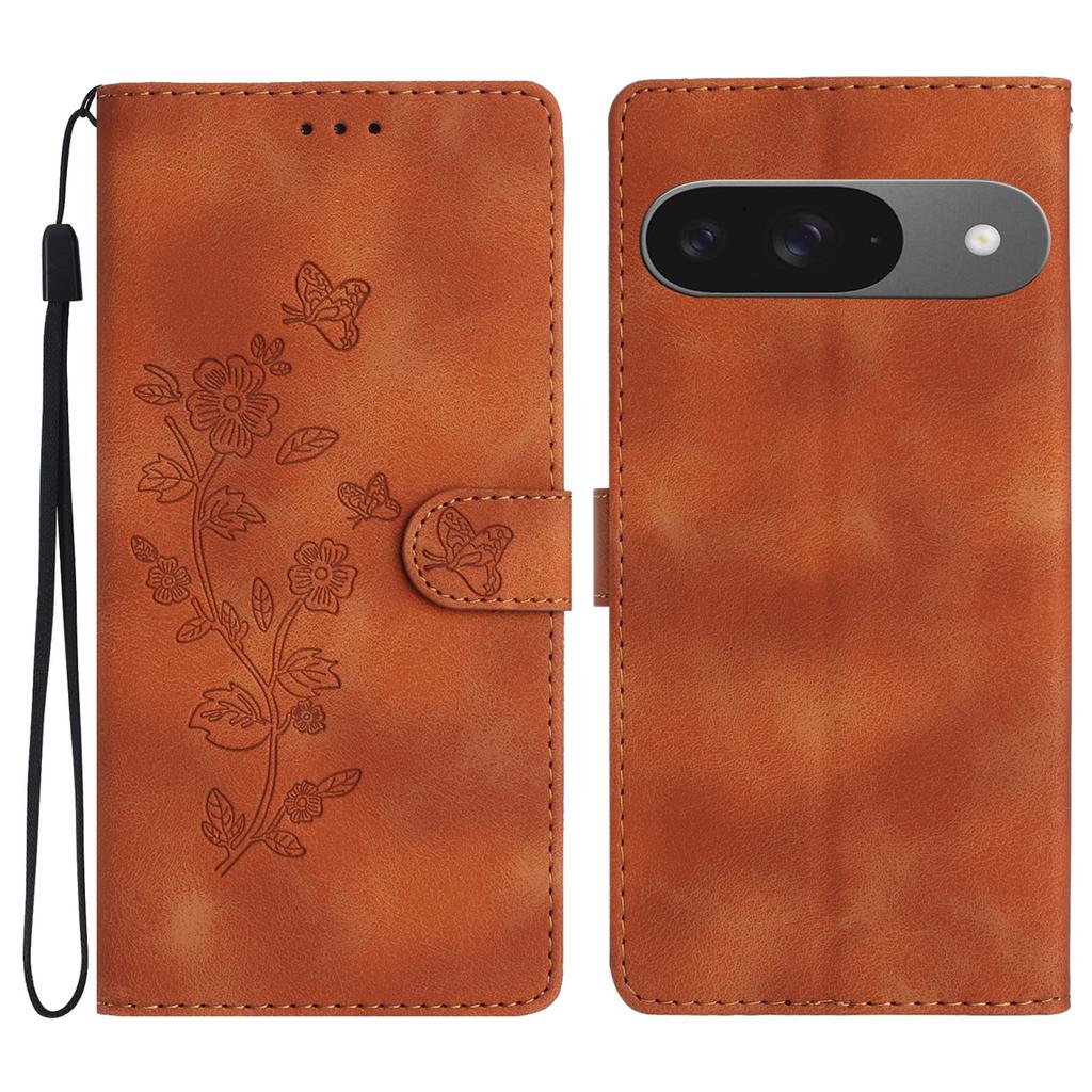 For Google Pixel 9/Pixel 9 Pro Case Leather Imprinted Flower Phone Cover Wallet with Wrist Strap