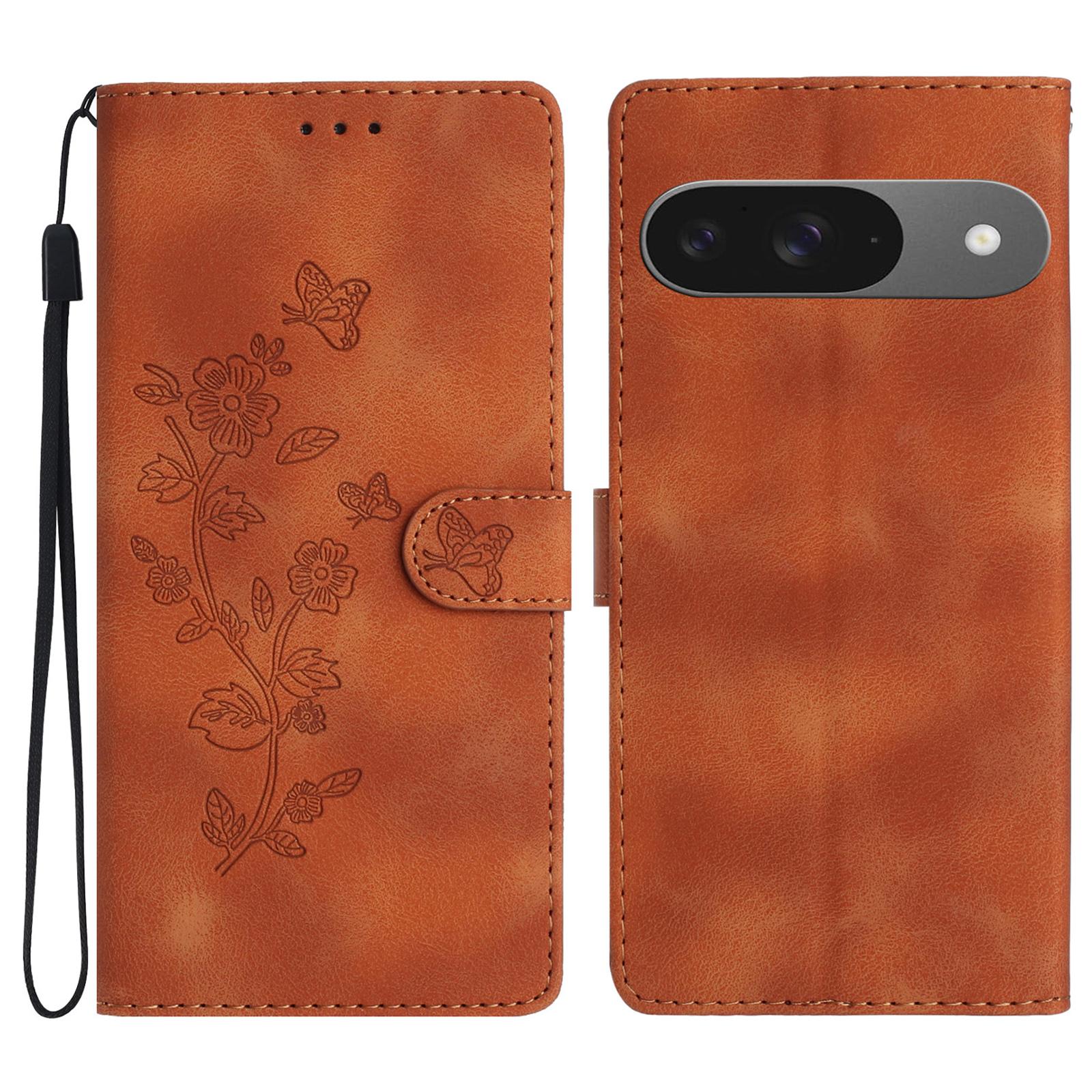 

For Google Pixel 9/Pixel 9 Pro Case Leather Imprinted Flower Phone Cover Wallet with Wrist Strap Brown