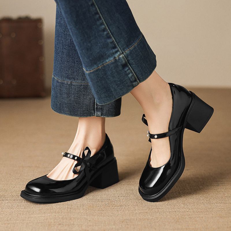 Krazing Pot Microfiber Round Toe Thick Med Heels Spring Summer Shoes Big Size 43 Pearl Bowtie Women Platform Pumps