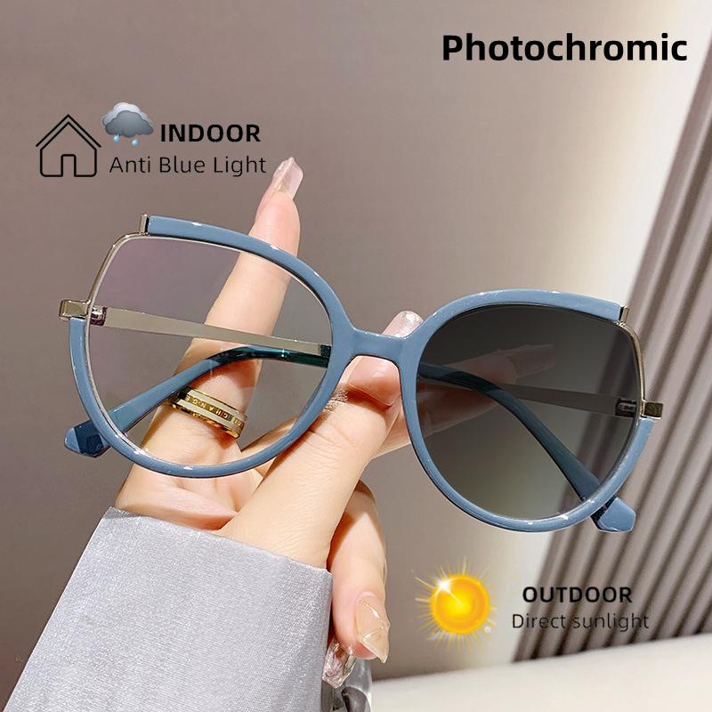 Vintage Round Oversized Photochromic Reading Glasses Women Anti Blue Light Hyperopia Prescription Eyewear +1 5 +2 5 Fashion