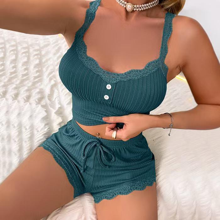Stylish European & American Women s Ribbed Lace Camisole with Striped Drawstring Shorts Large
