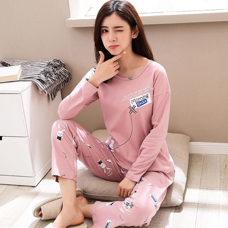 

Новая пижама из чистого хлопка для женщин, весенне-осенняя пижама с длинными рукавами для девочек, комплект из 2 предметов, милый комплект домашней одежды для студентов с мультяшным принтом XL