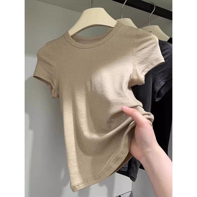 Unique Summer Short Sleeve Cotton T Shirt Women Slim Fit Solid Color Cropped Top Stylish Design