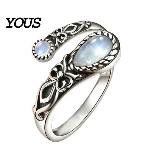 Vintage Finger Ring Faux Moonstone Ring, Waterdrop Fake Gemstone Adjustable Open Stone Healing Band Jewelry for Couple, Women