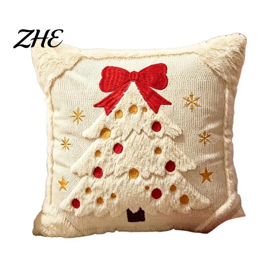 Cozy Knitted Plush Pillow Covers Christmas Pillowcase, 3D Embroidered Design Soft Throw Decorative Cases Cover, Cushion Cover for Holiday Home