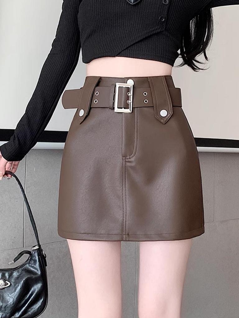 Vintage Pu Leather Skirt for Women Spring Autumn High Waist A- Line Package Hip Shorts Skirt Y2k Korean Fashion Clothing