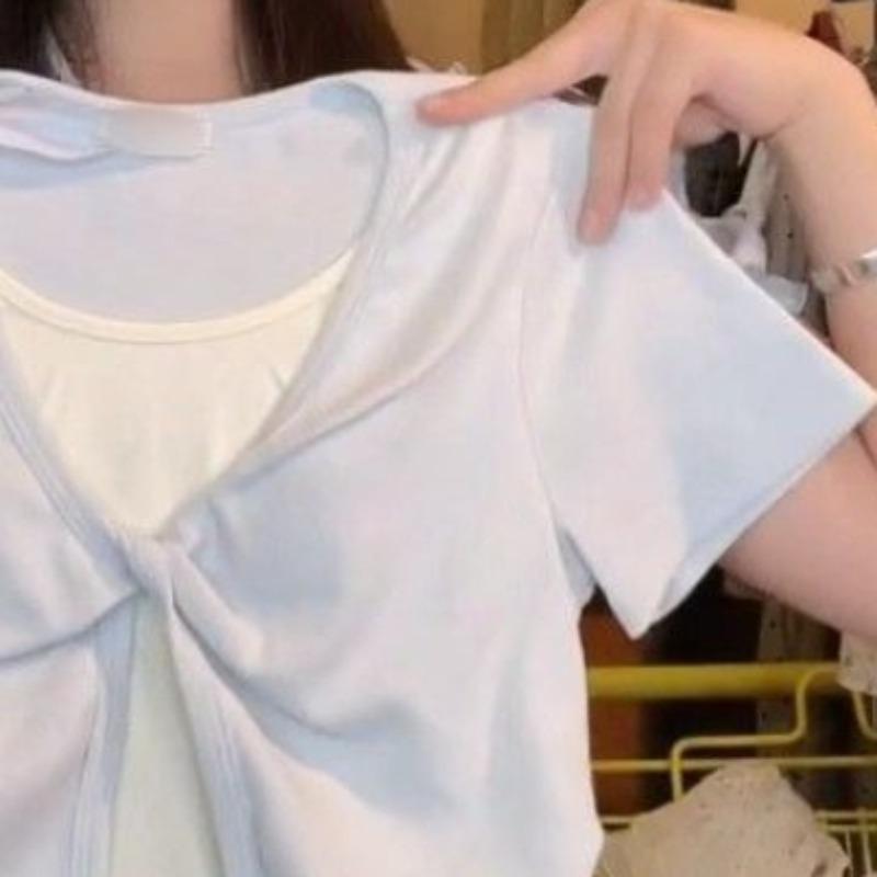 Damen Falsches Zweiteiliges T-Shirt Locker Color Blocking Spleißung Schleifen Design Damen T-Shirts Sommer Lässig Bequem Famale Pullover Top