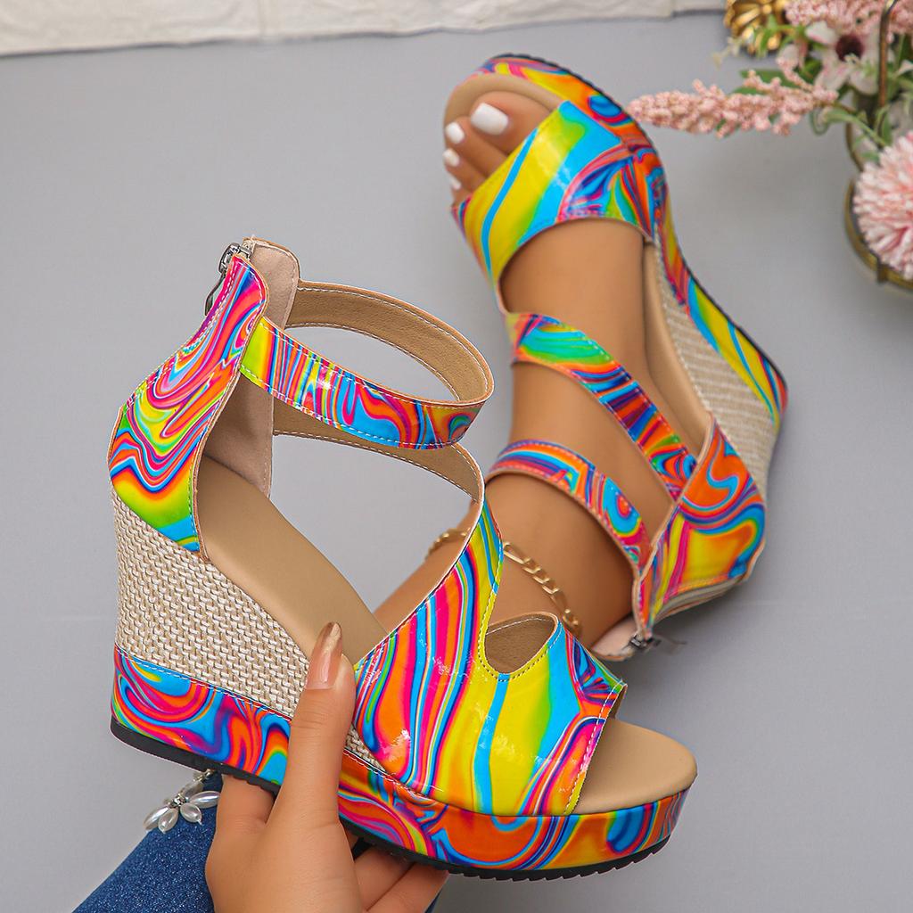 Women's Color Splash Platform Sandals, Single Buckle Wedge Heels, Spring Summer Fashion Slides for Women